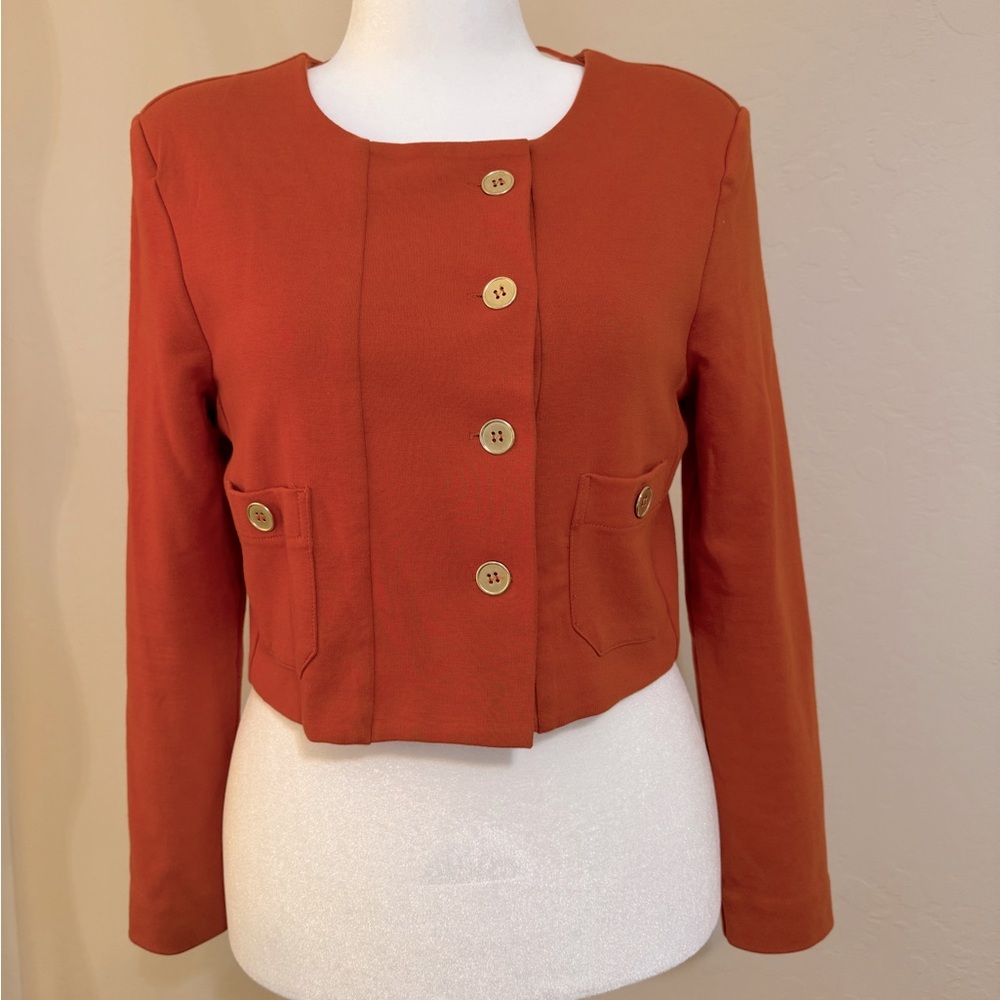 H&M Burnt Orange Asymmetrical Cropped Jacket w Gold Buttons L/Sleeve Medium